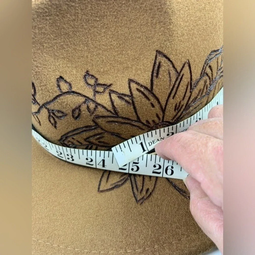 Fedora Hat Burned Sunflower Design Tan Wide-Brimmed Poly/Wool Blend‎ One Size - Picture 9 of 11